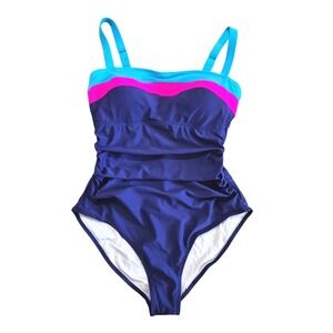 Eomenie Womens Colorblock Ruched One Piece Swimsuit Navy Pink Blue Large NEW